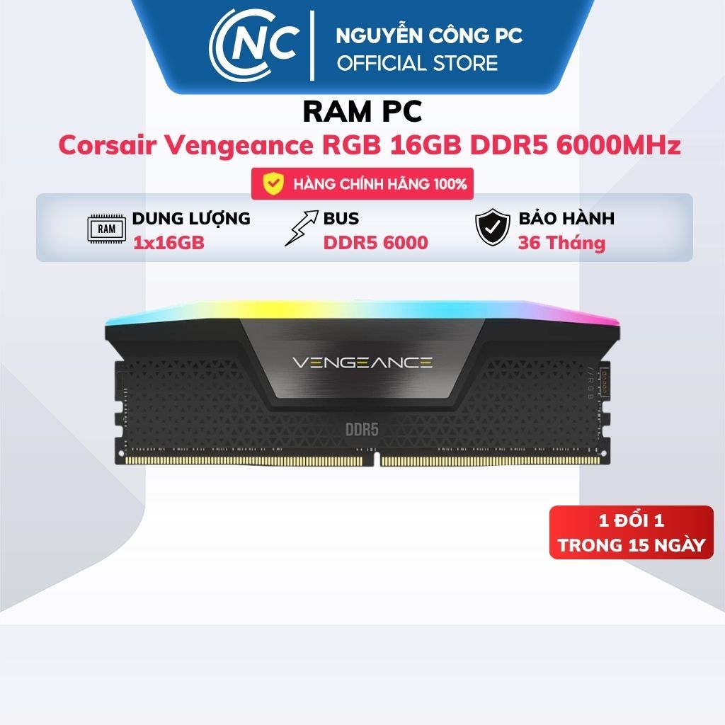 RAM PC Corsair Vengeance RGB 16GB (1x16GB) DDR5 6000MHz - BH 36 tháng