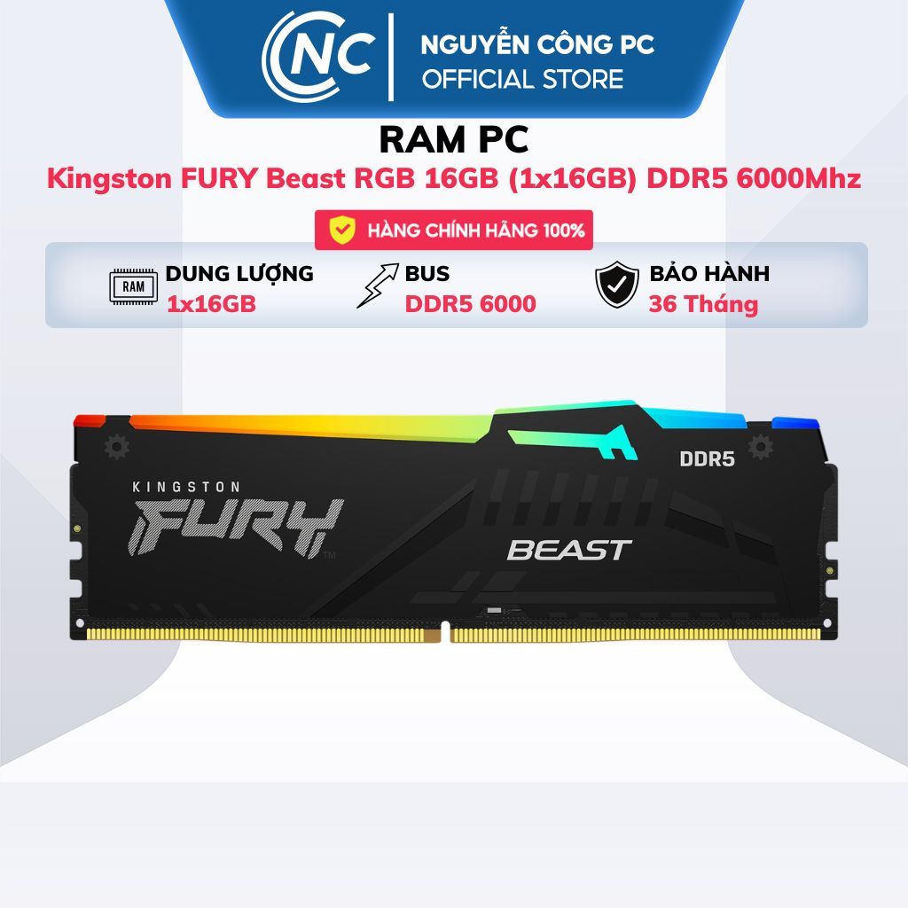 RAM Kingston FURY Beast RGB 16GB (1x16GB) DDR5 6000Mhz - (AMD EXPO+INTEL XMP) - Bảo hành 36 tháng