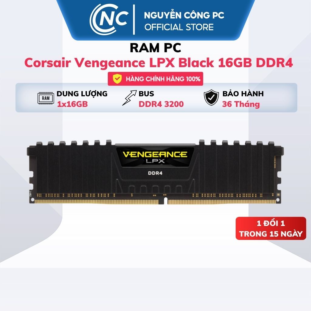 RAM Corsair Vengeance LPX Black 16GB DDR4 (1 x 16GB) 3200MHz - BH 36 tháng