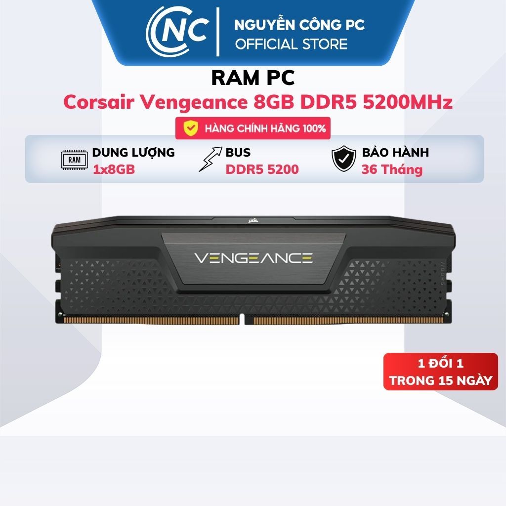 RAM Corsair Vengeance 8GB DDR5 5200MHz (1x8GB, CL40, Black, CMK8GX5M1B5200C40) - BH 36 tháng
