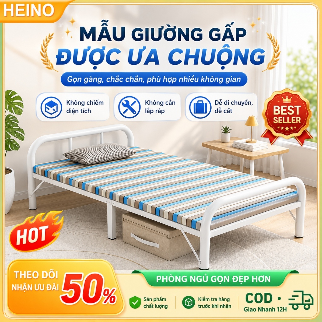HEINO Giường Gấp Gọn 75cm Giường Xếp Ngủ Văn Phòng Khung Thép Có Ván Gỗ Không Cần Lắp