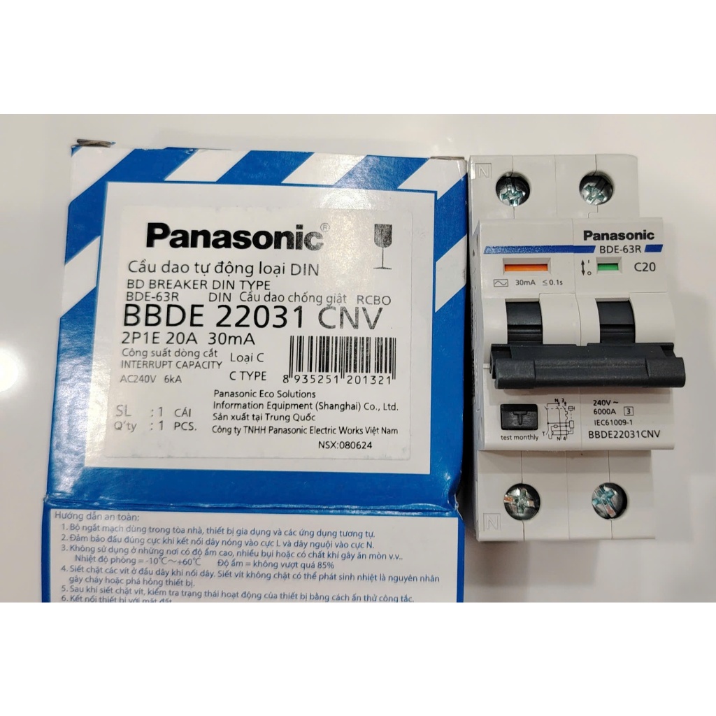 Cầu dao chống giật RCBO 2P 20A 30mA 6kA Panasonic BBDE22031CNV