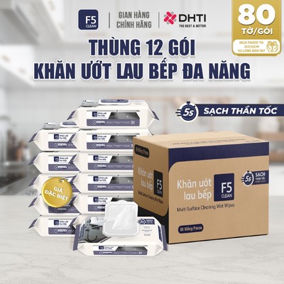 THÙNG 12 GÓI Khăn ướt lau bếp F5 Clean 80 tờ sạch bóng mọi bề mặt đa năng mềm mại, thân thiện, thành phần baking soda