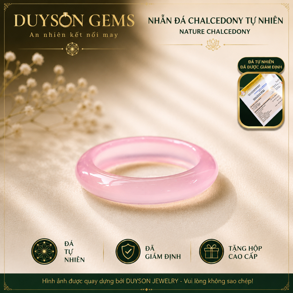 Nhẫn khối Duyson Gems Chalcedony màu Hồng Madagascar chất băng – Khởi quang NPT8