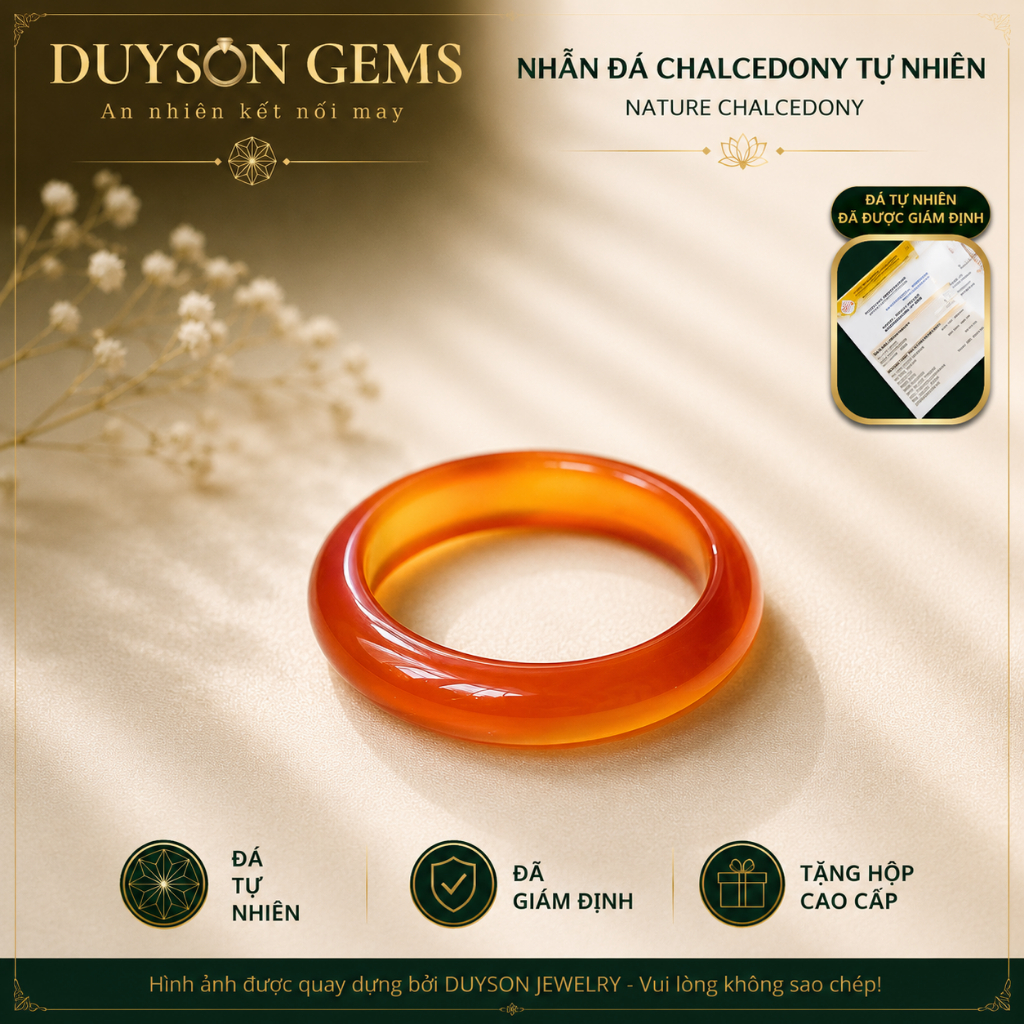 Nhẫn khối Duyson Gems Chalcedony màu Hổ Phách chất băng – Khởi quang NPT12