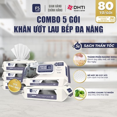 THÙNG 5 GÓI Khăn ướt lau bếp F5 Clean 80 tờ sạch bóng mọi bề mặt đa năng mềm mại, thân thiện, thành phần baking soda