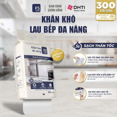 [GIÁ DÙNG THỬ] Khăn khô lau bếp F5 Clean 300 tờ lau sạch mọi vết bẩn, không để lại sơ vải, tiện dụng, an toàn cho da tay