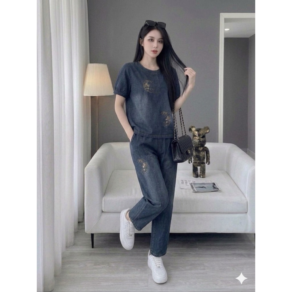Bộ Jean Dài Nữ Gồm Áo Cộc Tay Cổ Tròn Và Quần Bom Dài Cạp Chun, Bộ Bò Nữ Jean chất bò giấy Mềm Mại