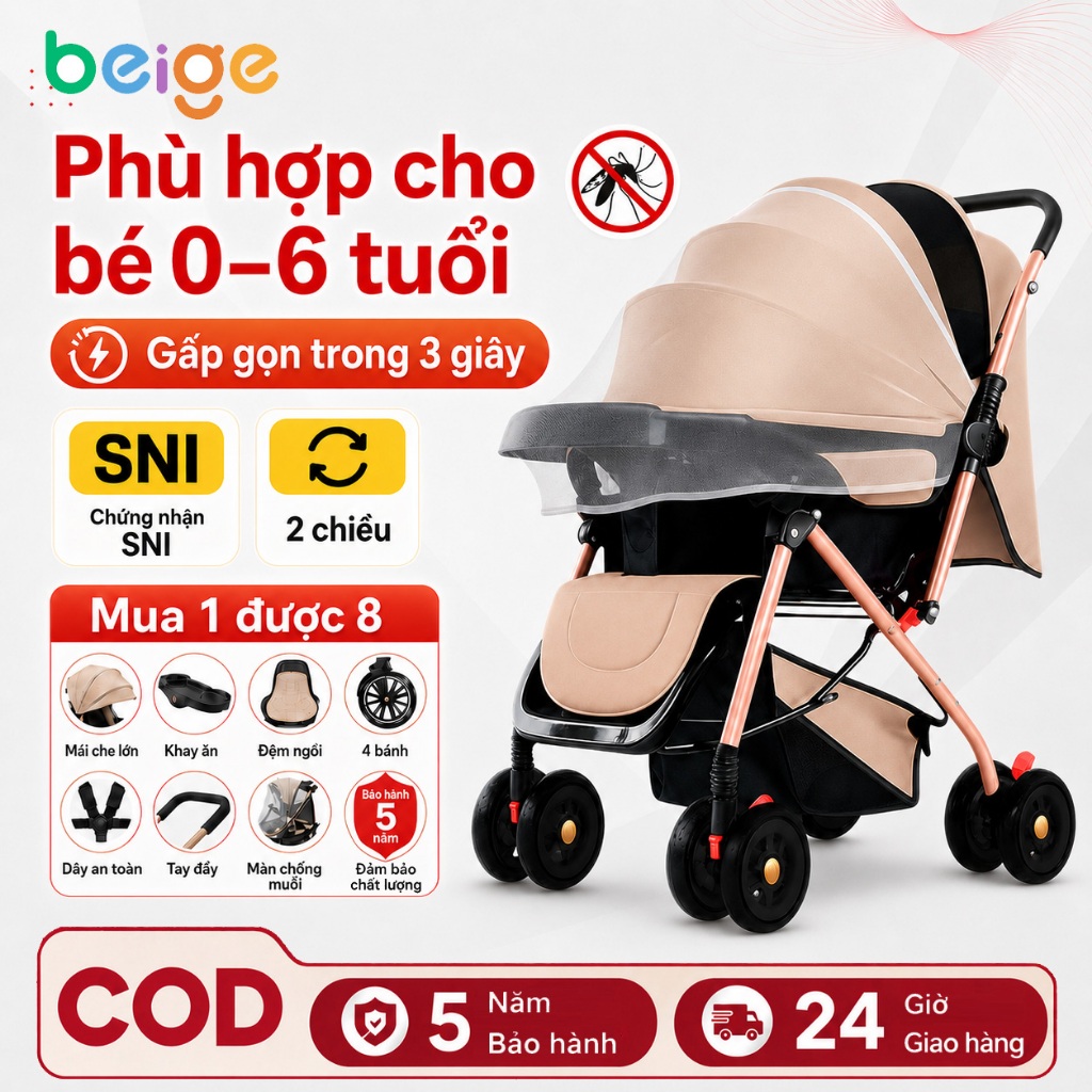 Beige Xe Đẩy Cho Bé, Xe gọn nhẹ, chắc chắn, Đẩy 2 chiều, 3 tư thế nằm, ngả và ngồi. gấp gọn dễ dàng