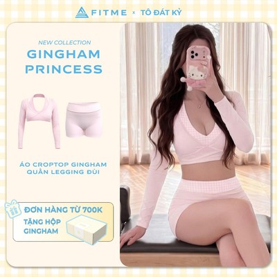 Bộ đồ tập gym, yoga, pilates nữ Fitme áo croptop dài tay Hồng pastel, quần legging đùi co giãn 4 chiều