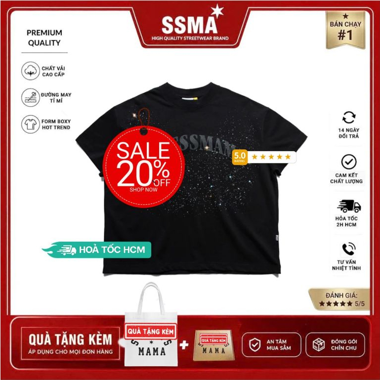 Áo Thun Tay Ngắn Universe Ngôi Sao T-Shirt Form Boxy Vải Cotton Unisex / Black