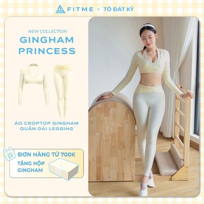 Bộ đồ tập gym, yoga, pilates nữ Fitme áo croptop dài tay sẵn mút, quần legging dài nâng mông tôn dáng Gingham