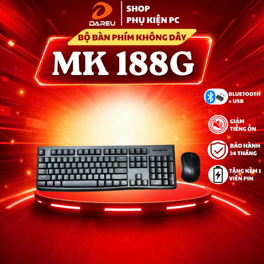 Bộ Bàn Phím Chuột Không Dây DAREU MK188G Chính Hãng, 2.4GHz, Bảo Hành 24 Tháng