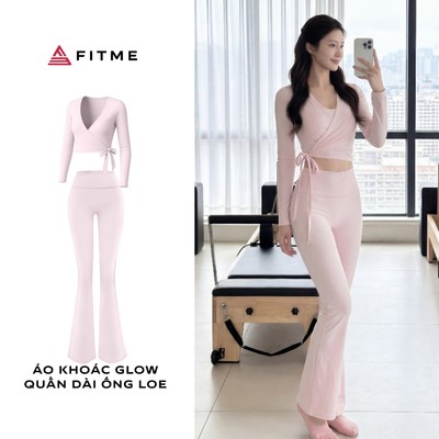 Bộ đồ tập Yoga Pilates Fitme áo khoác Glow hồng pastel  quần ống loe hồng pastel thoáng mát tôn dáng