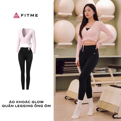 Bộ Fitme Glow nữ tập pilates yoga áo khoác hồng pastel kết hợp quần dài đen mềm mại tôn dáng