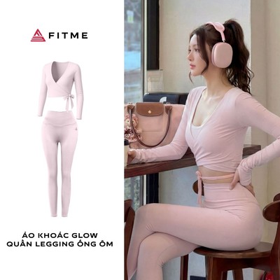Bộ đồ tập Yoga Pilates Fitme áo khoác Glow hồng pastel phối quần legging hồng pastel tôn dáng thoải mái