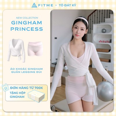 Bộ đồ tập gym, yoga, pilates nữ Fitme áo khoác Serene trắng, quần legging đùi Gingham thấm hút mồ hôi