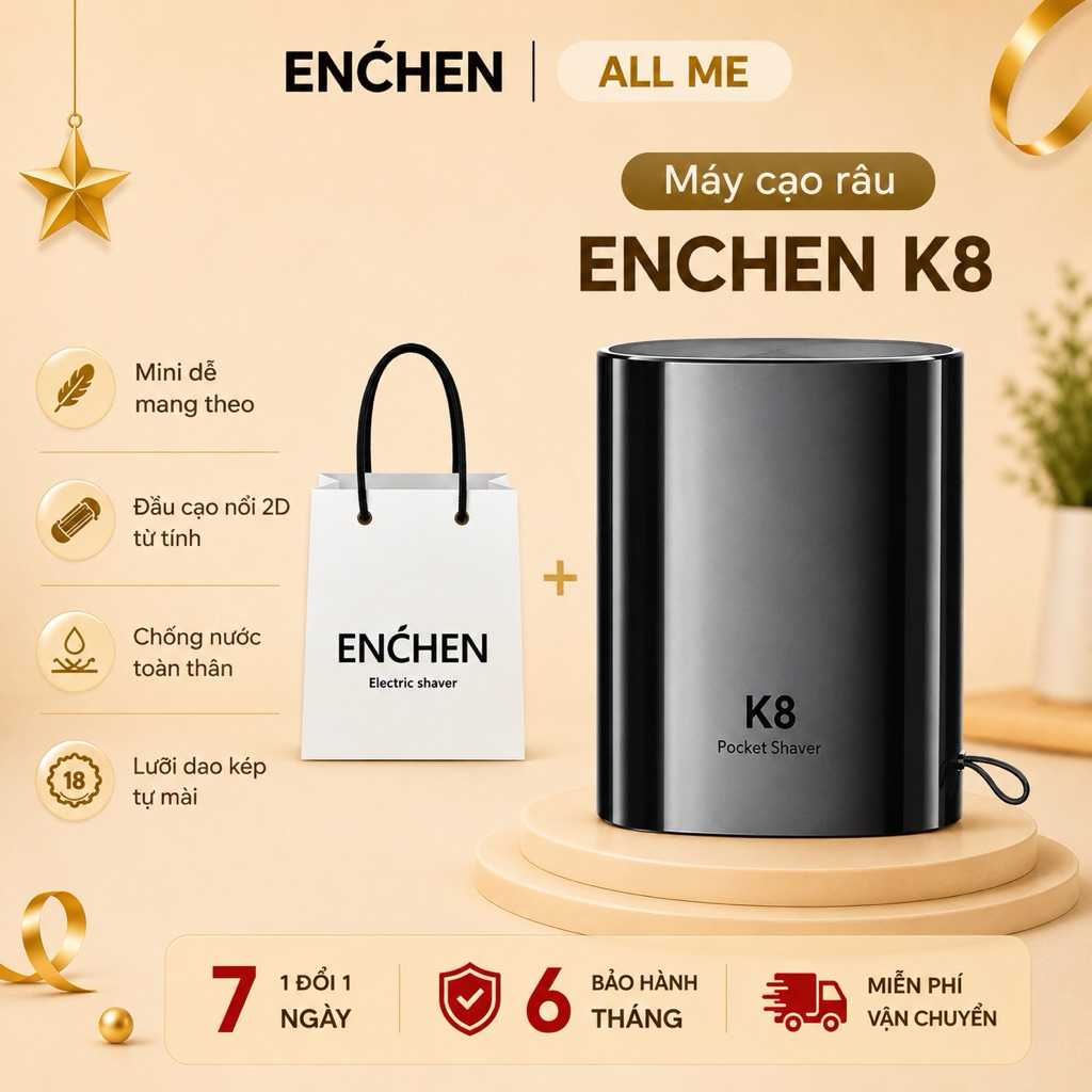 Máy cạo râu Enchen K8 đầu cạo 2D ẩn, chống nước toàn thân, 18 lưỡi dao tự mài, pin dùng đến 60 ngày 