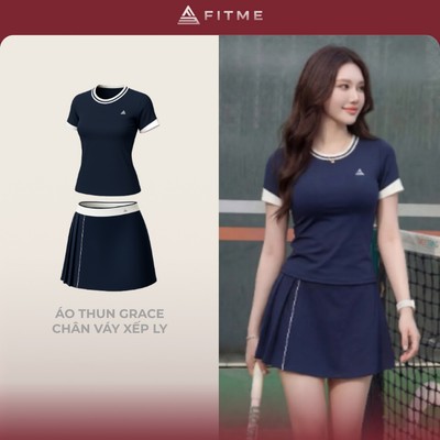 Bộ đồ Pickleball cầu lông nữ Fitme GR áo thun thoáng khí phối váy navy xếp ly 1 bên tôn dáng kèm bảo hộ