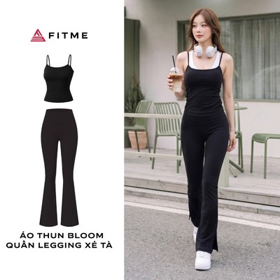 Bộ đồ tập gym, yoga nữ Fitme áo thun Đen Bloom (không có bra bên trong), quần legging ống loe tôn dáng