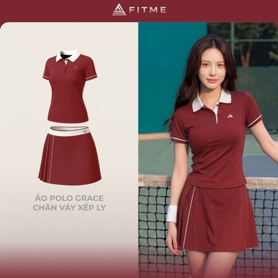 Bộ đồ Pickleball cầu lông tennis nữ Fitme GR áo polo tôn dáng phối chân váy đỏ xếp ly 1 bên kèm quần bảo hộ