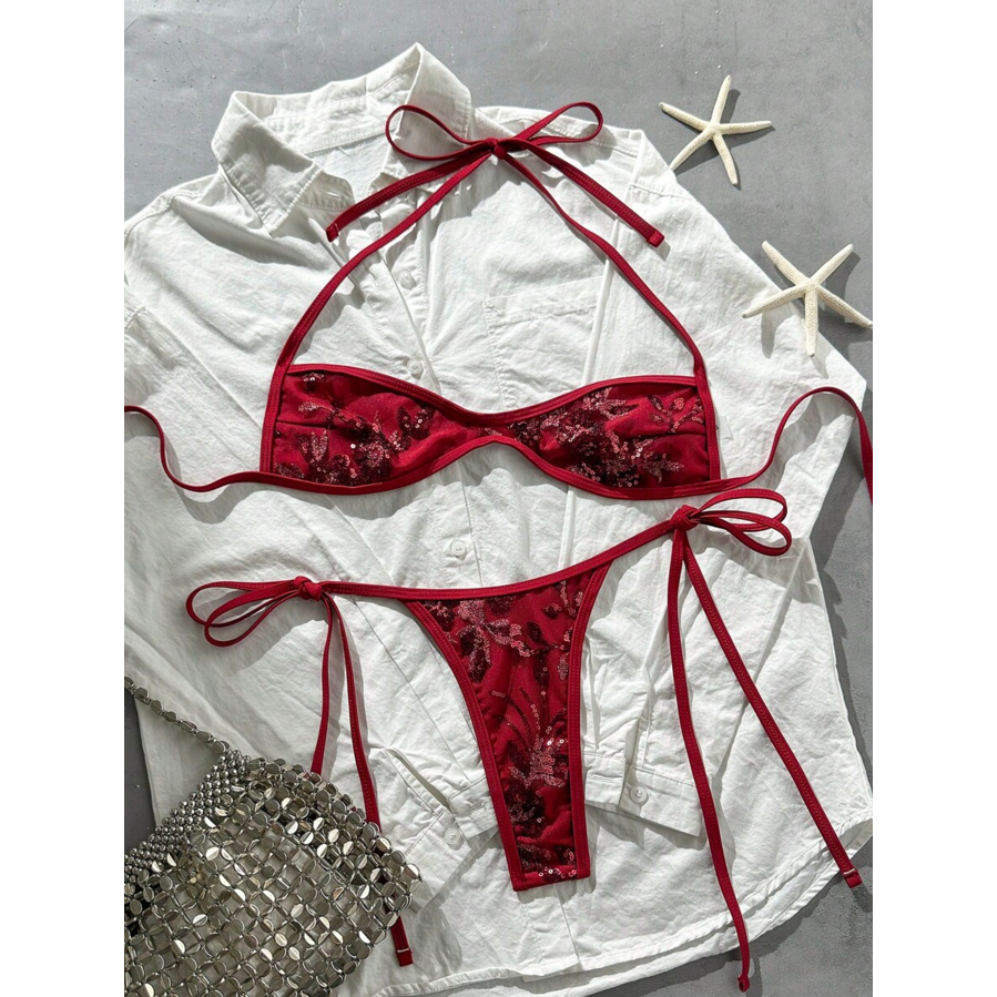 [ord 6-9 ngày] Bộ bikini 2 món Swim SXY gồm áo bandeau cổ yếm họa tiết hoa đính sequin vân nổi