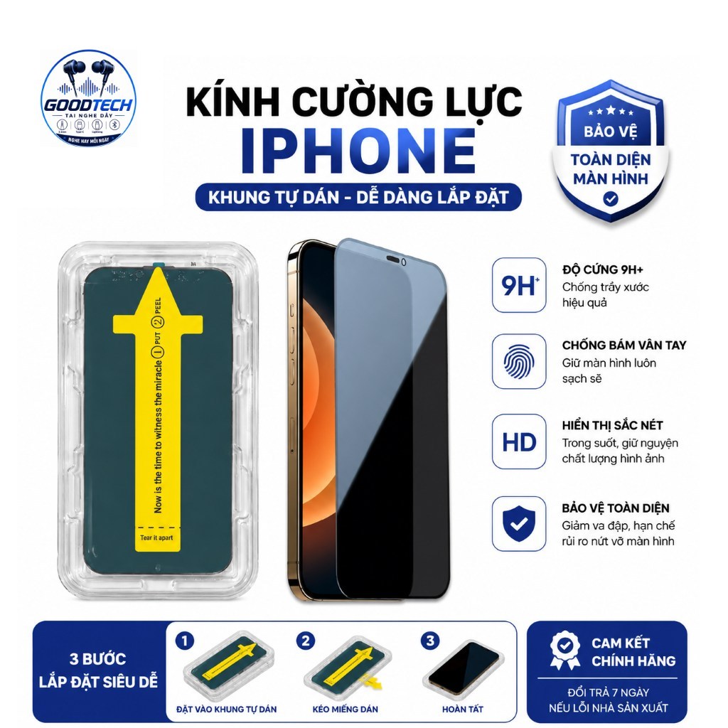 Kính Cường Lực iPhone Full Màn Khung Tự Dán, Chống Trầy Xước Dễ Lắp Đặt