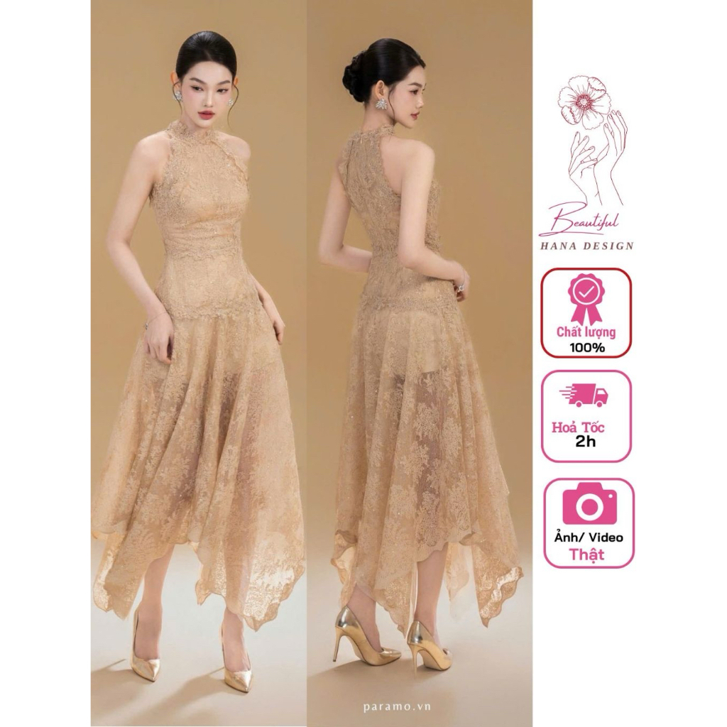 Đầm Ren Hoa Cổ Yếm Dáng Dài Chuẩn CHOUCHOU Dự Tiệc Sang Chảnh