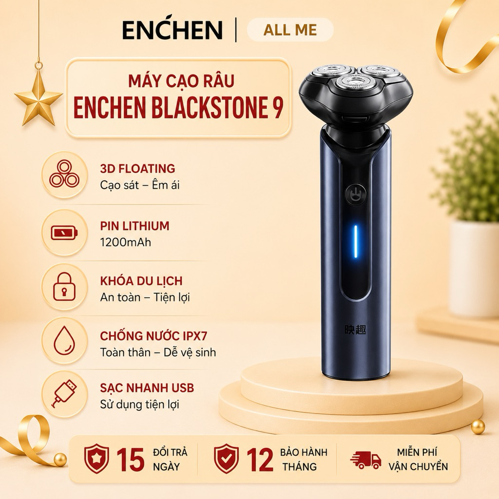 Máy cạo râu Blackstone 9 Enchen hợp kim, 3 lưỡi dao kép 3D cạo sạch, chống nước IPX7 - BH 6 tháng
