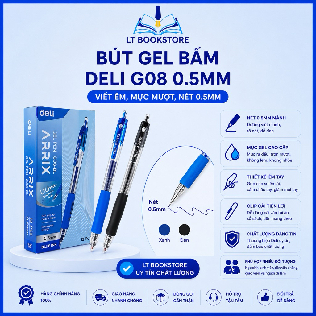 Hộp 6/12 Bút Gel Bấm Deli G08 0.5mm – Mực Xanh/Đen, Viết Trơn Êm