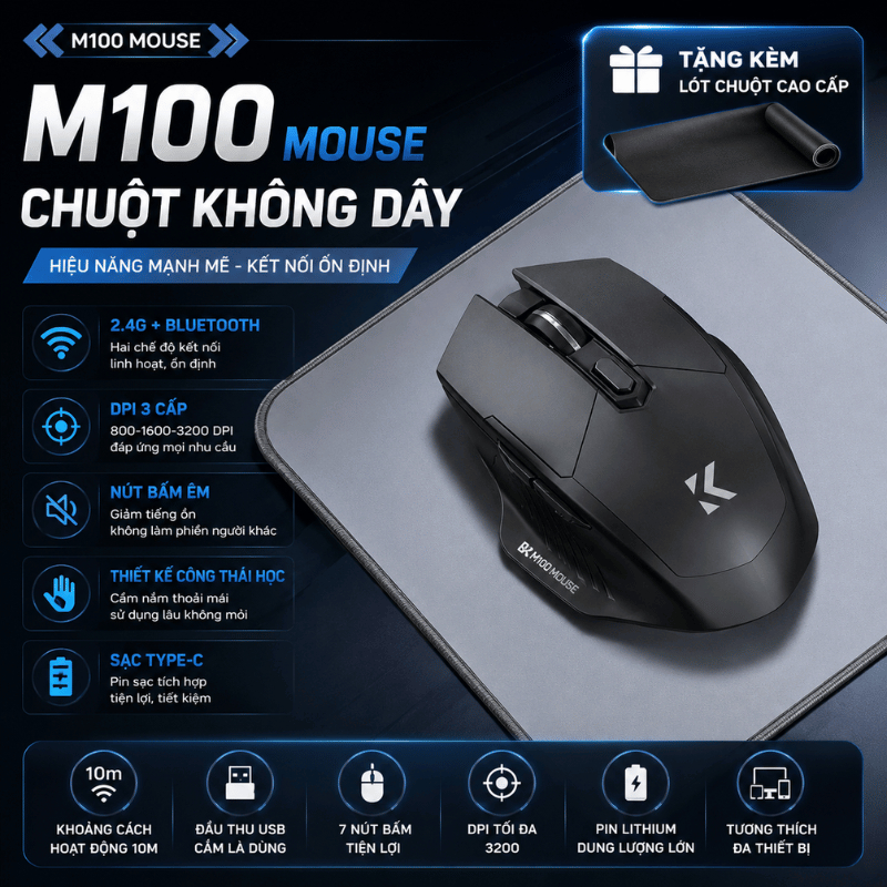 (Tặng Lót Chuột) Chuột Không Dây M100 Bluetooth - 2.4G, Sạc Type-C Chuột Gaming Chuột Công Thái Học