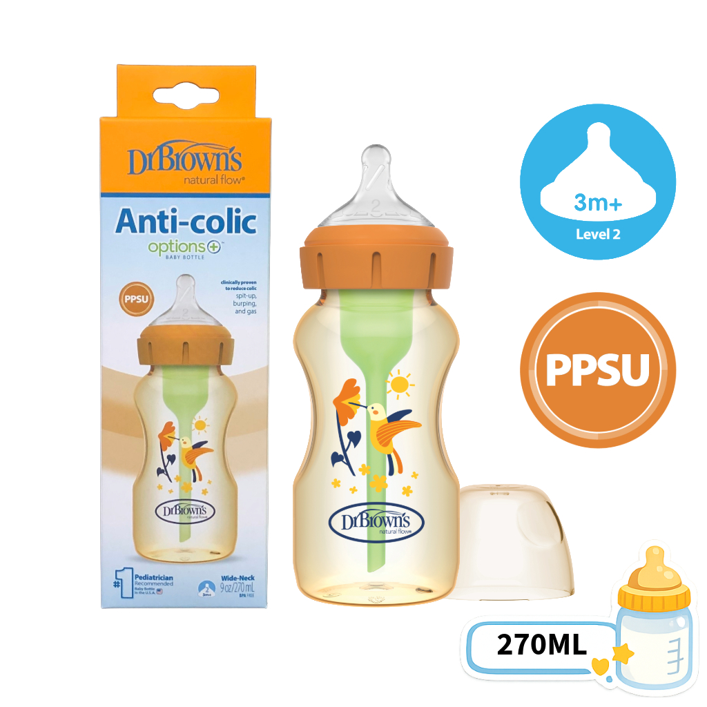 [ WB91620 ] Bình sữa Dr. Brown's cổ rộng 270ml, nhựa PPSU, chống đầy hơi Anti-Colic
