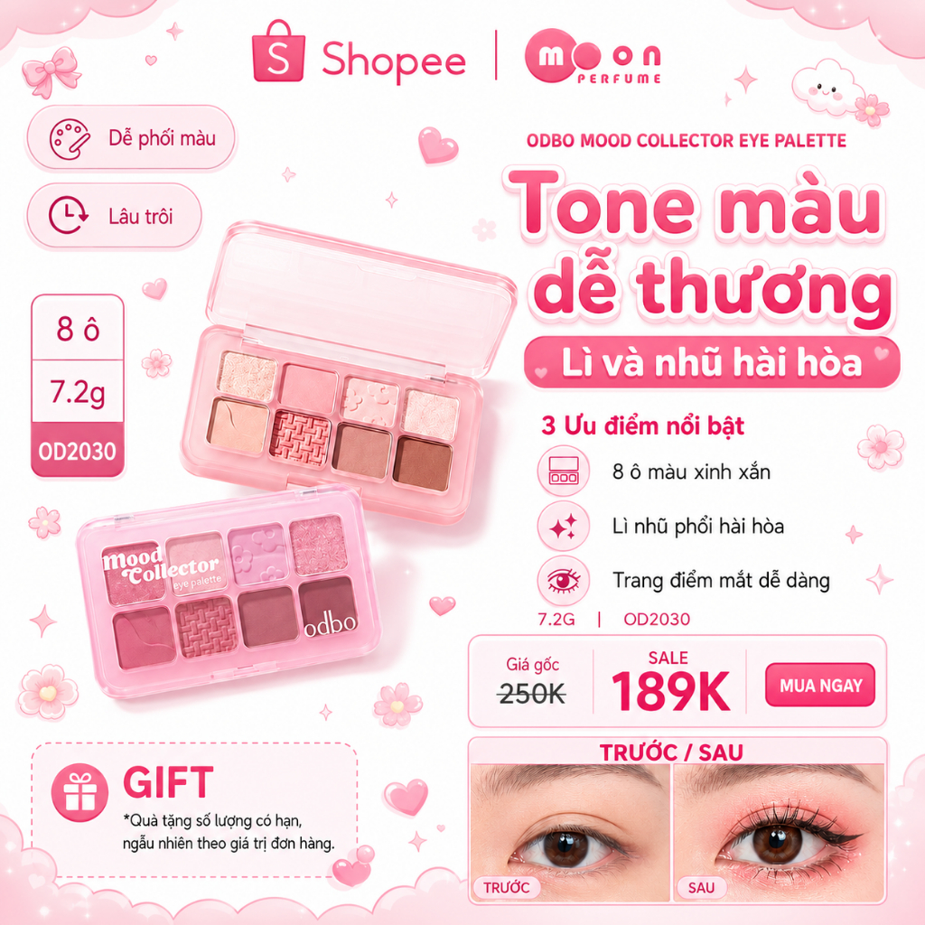 Bảng Phấn Mắt 8 Ô ODBO Mood Collector Eye Palette OD2030 Lì Và Nhũ Tone Màu Dễ Thương 7.2g