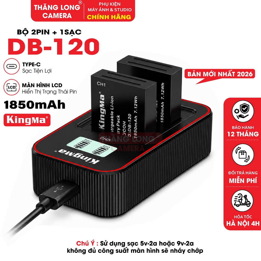 Bộ 2 Pin KingMa DB-120 + Sạc Đôi LCD USB-C Chính Hãng Cho Ricoh Ricoh GR IV / GR IV HDF / GR IV Mono