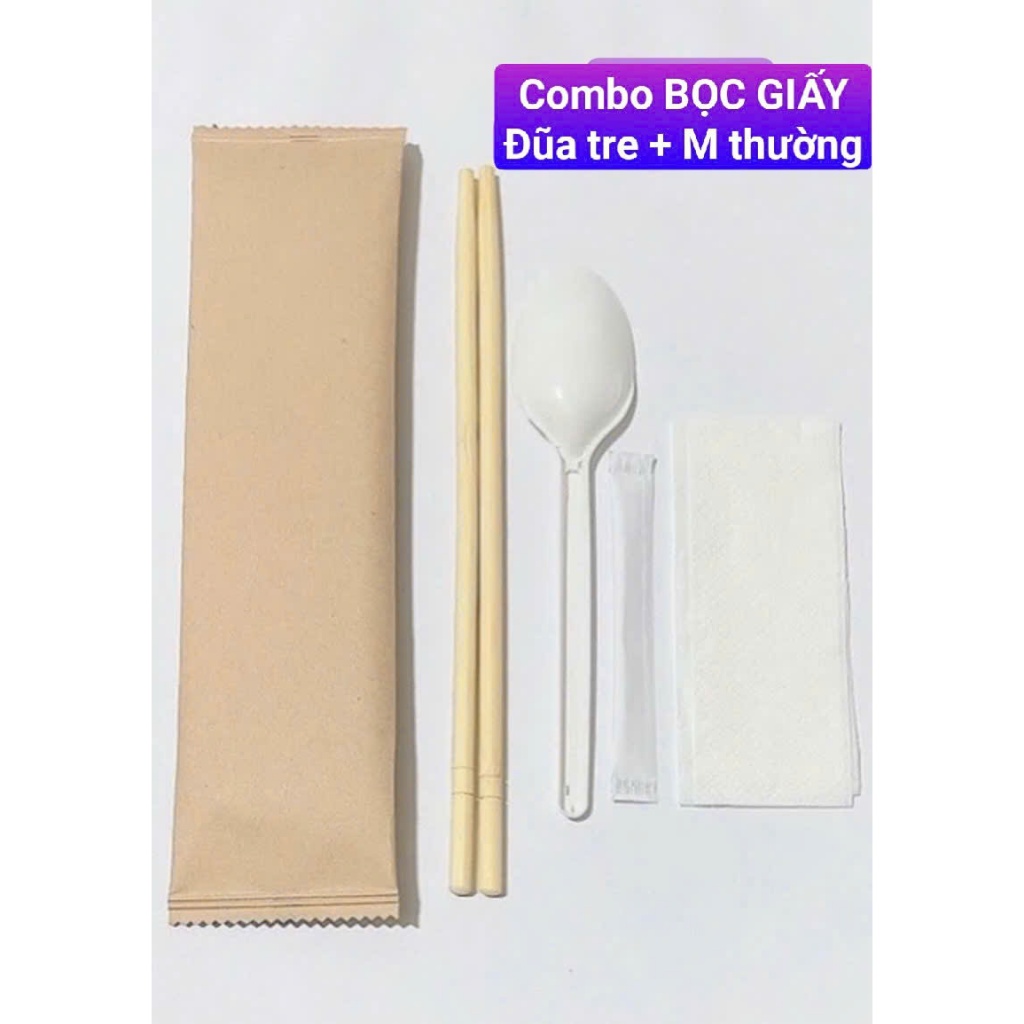 Combo 100 Bộ Đũa Muỗng Tăm Giấy. Nhận đặt bọc giấy theo yêu cầu