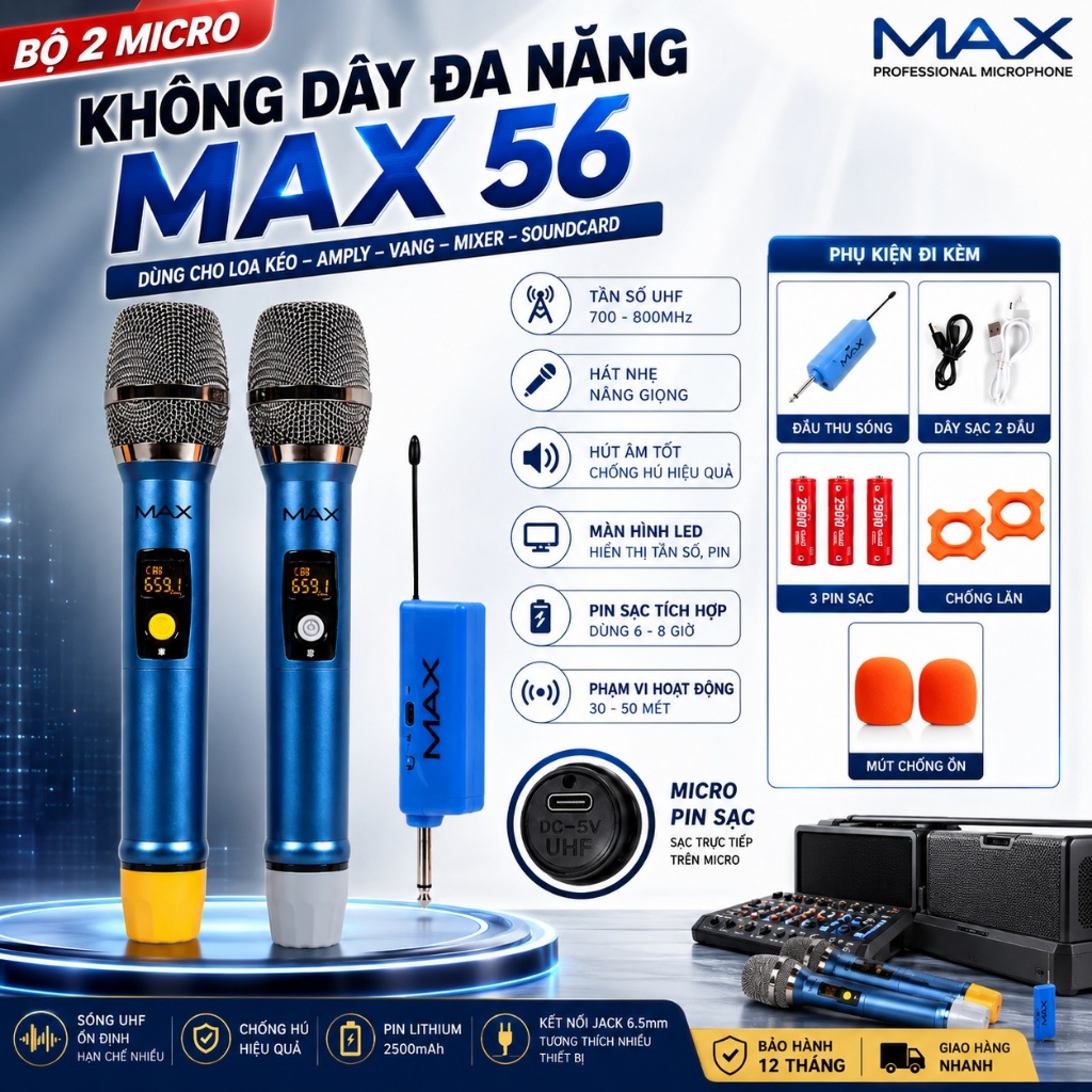 Micro Không Dây MAX 56 UHF Bộ 2 Micro Karaoke Pin Sạc, Chống Hú, Hát Hay, Dùng Cho Loa Kéo Amply Mix