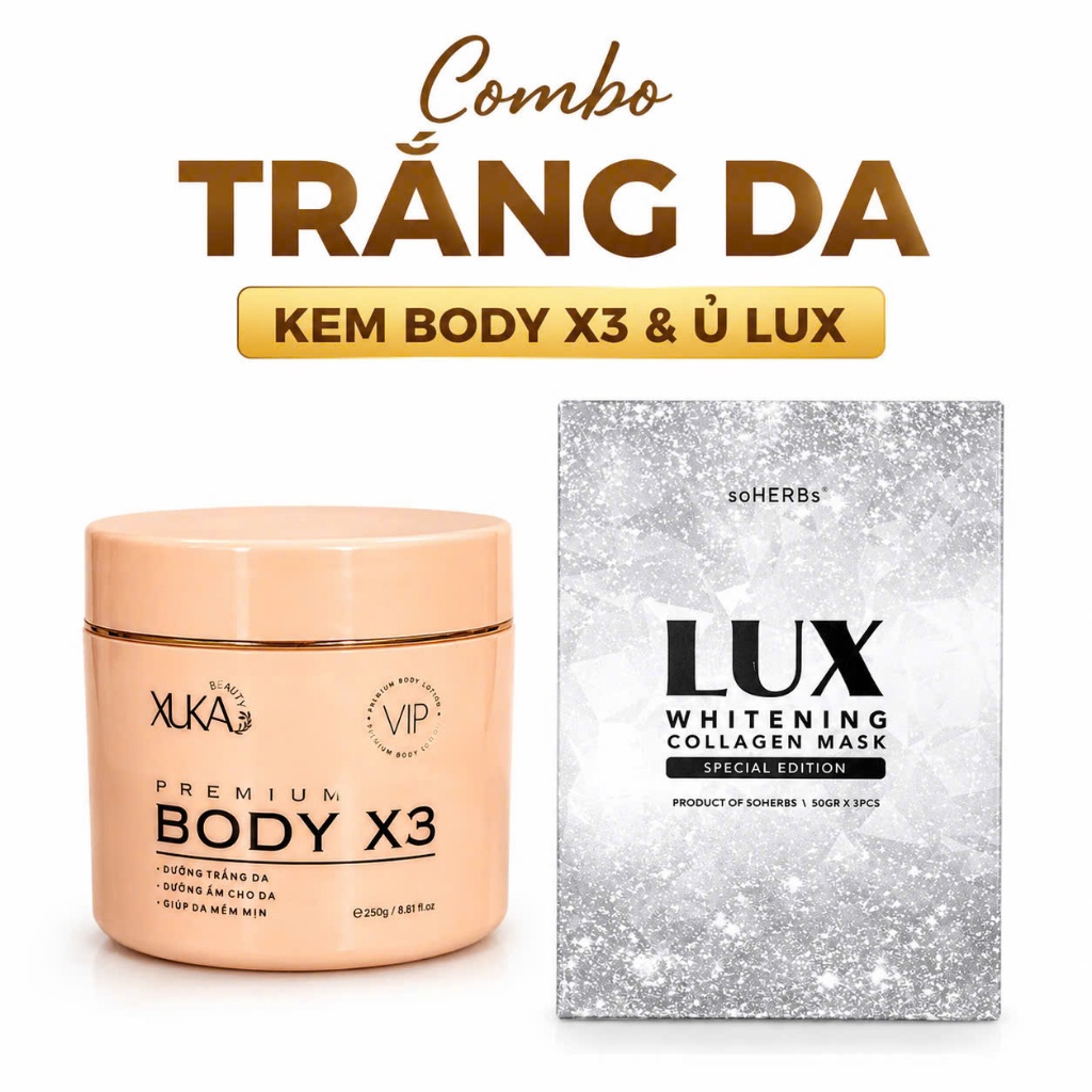 Combo Kem Body XUKA X3 và Ủ Trắng Lux Dưỡng Trắng Da Body, Hỗ Trợ Chống Nắng