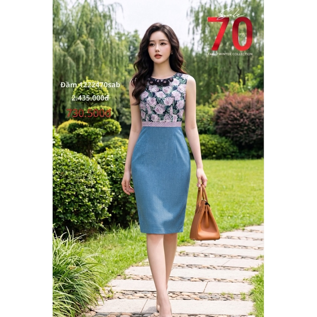 thanh lý đầm công sở phối voan hoa cẩm tú cầu của CHIC -LAND sz m