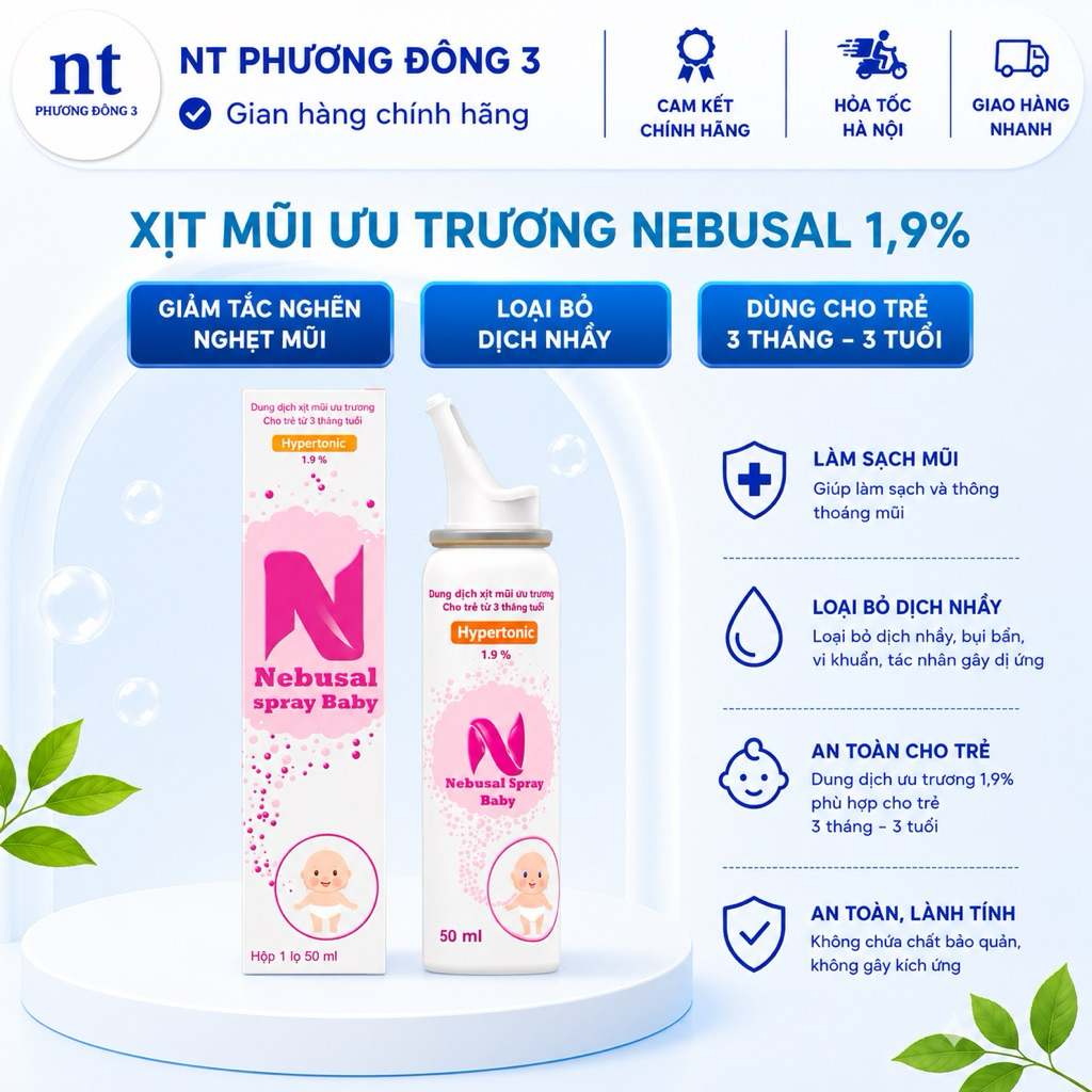 Xịt mũi Nước muối Ưu trương Nebusal 1,9% Giảm nghẹt mũi, sổ mũi, viêm mũi cho bé trên 3 tháng