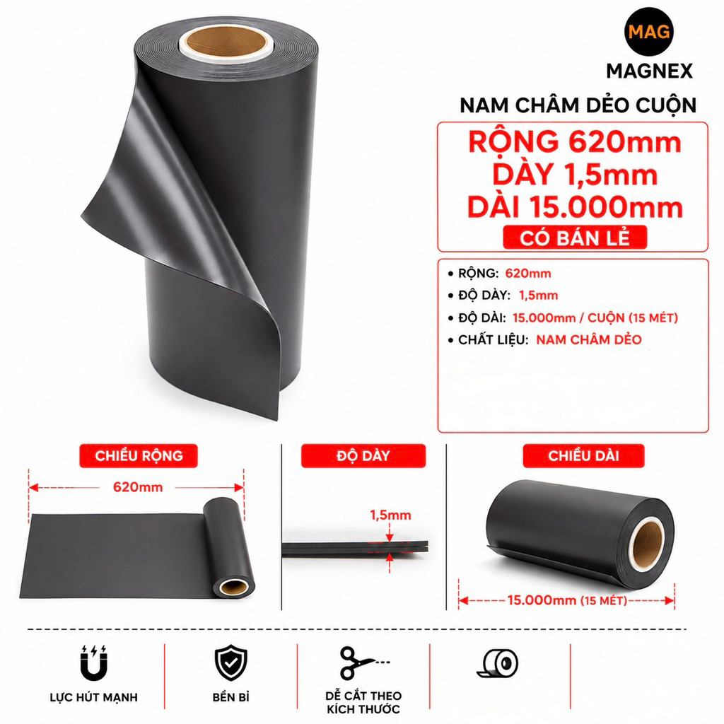 Nam châm dẻo dcan dán xe 620x1,5x1000mm: khổ rộng 62cm, dày 1,5mm, dài 1 mét