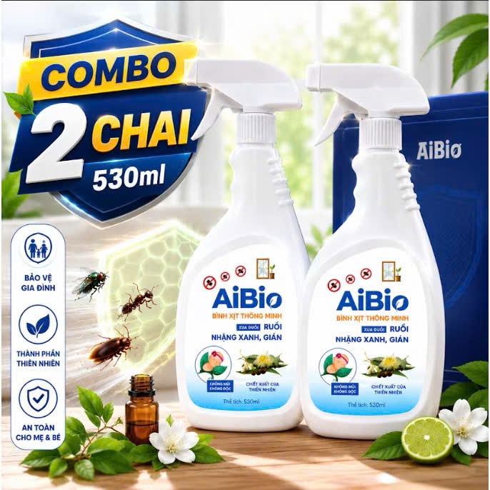 Combo 2 Chai Xịt Đuổi Ruồi Nhặng Gián AiBio 530ML Diệt Côn Trùng An Toàn