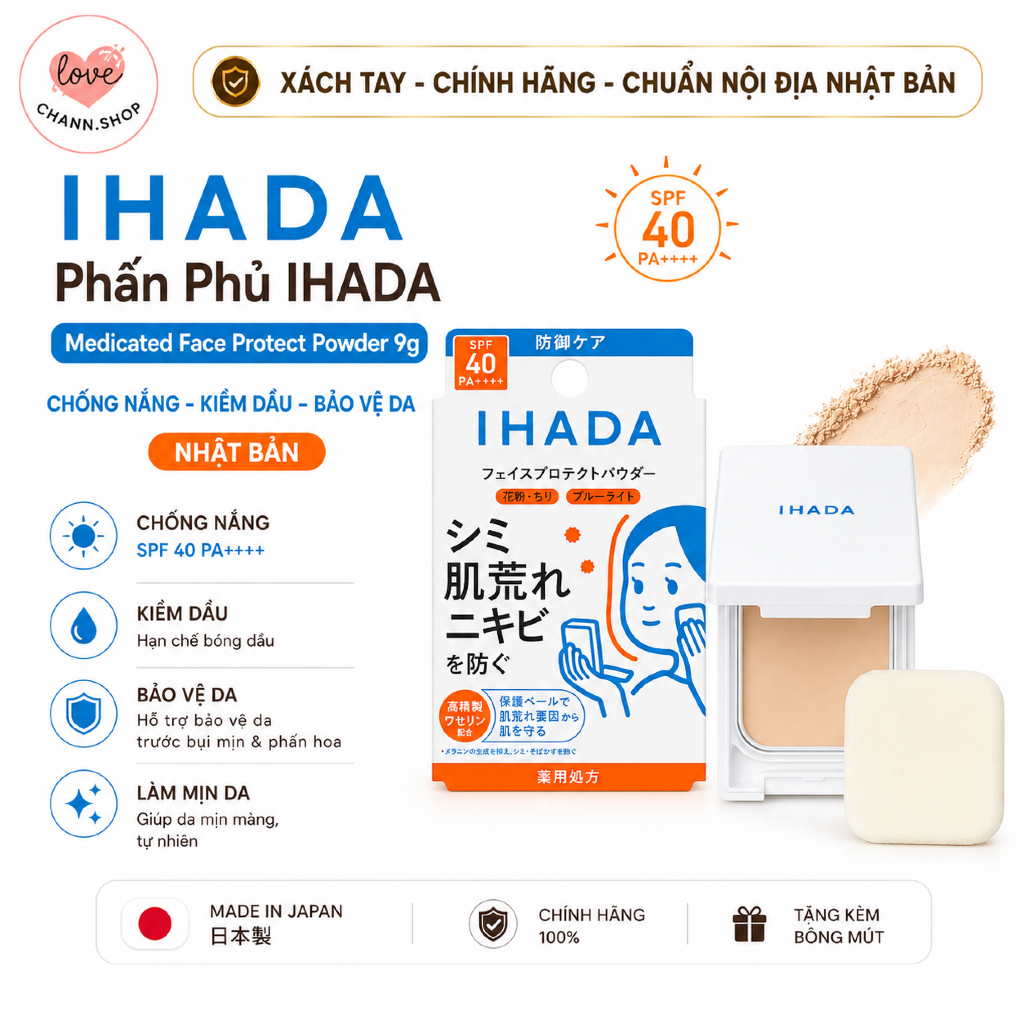 Phấn Phủ Ihada Face Powder 9g – Chống Nắng, Kiềm Dầu, Bảo Vệ Da Mặt Chống Bụi Mịn PM2.5 Nhật Bản