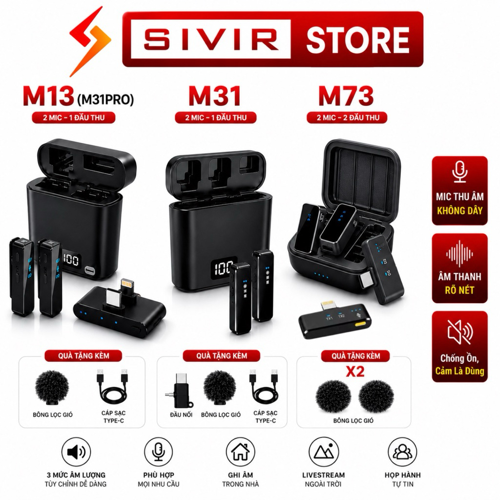 Mic Thu Âm Không Dây SIVIR M13(M31Pro) Mic M31 Chống Ồn AI Mic thu âm Cài Áo Livestream Quay Video