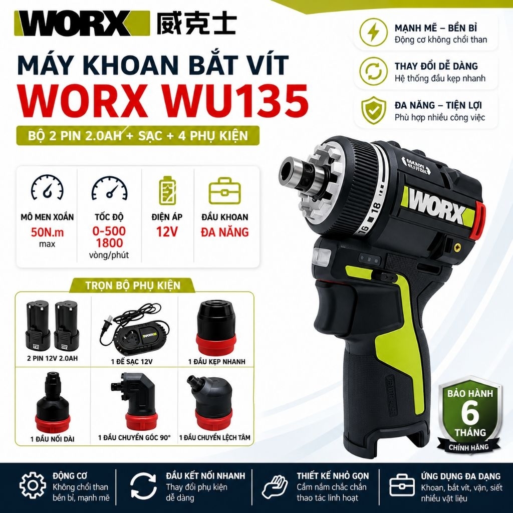 Máy Khoan Vặn Vít Pin WORX WU135M 12V Đa Năng 4 Trong 1 - Lực Siết 50Nm