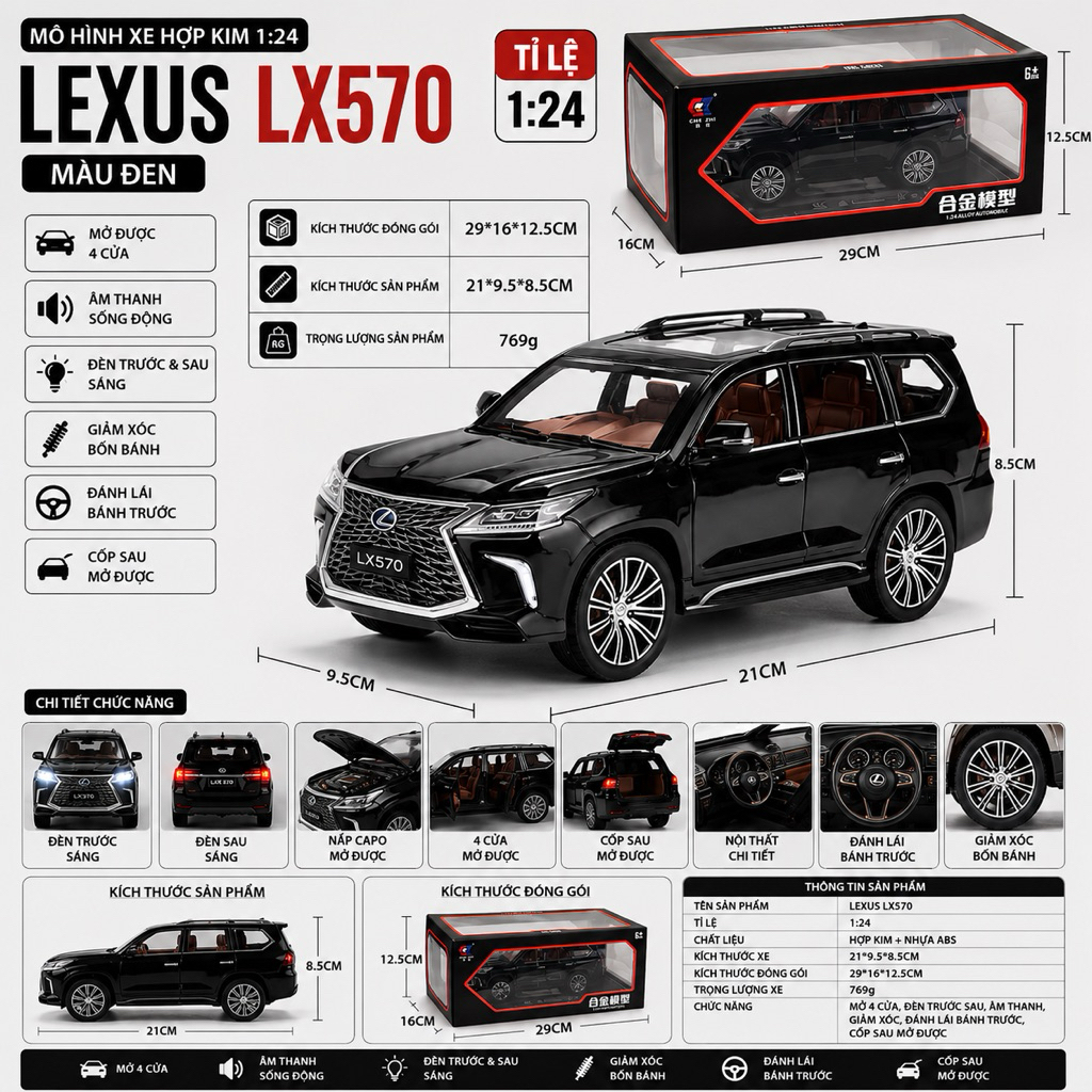 Mô Hình Xe Hợp Kim SUV LX570 Tỉ Lệ 1:24 – Thiết Kế Sang Trọng, Mở Cửa, Đèn Sáng, Âm Thanh Sống Động