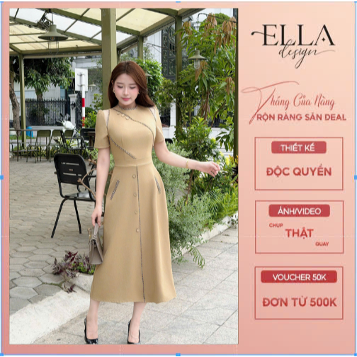 Váy Đầm Thiết Kế Ella Desgin dành cho nữ kiểu dáng váy midi xòe, tay ngắn, cổ tròn phù hợp mặc đi là