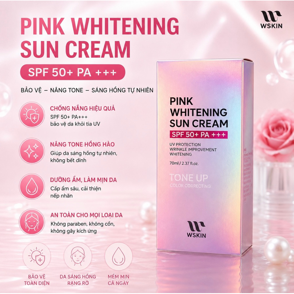 Kem chống nắng Wskin nâng tone da pink whitening sun cream SPF 50+ PA+++ 50ml