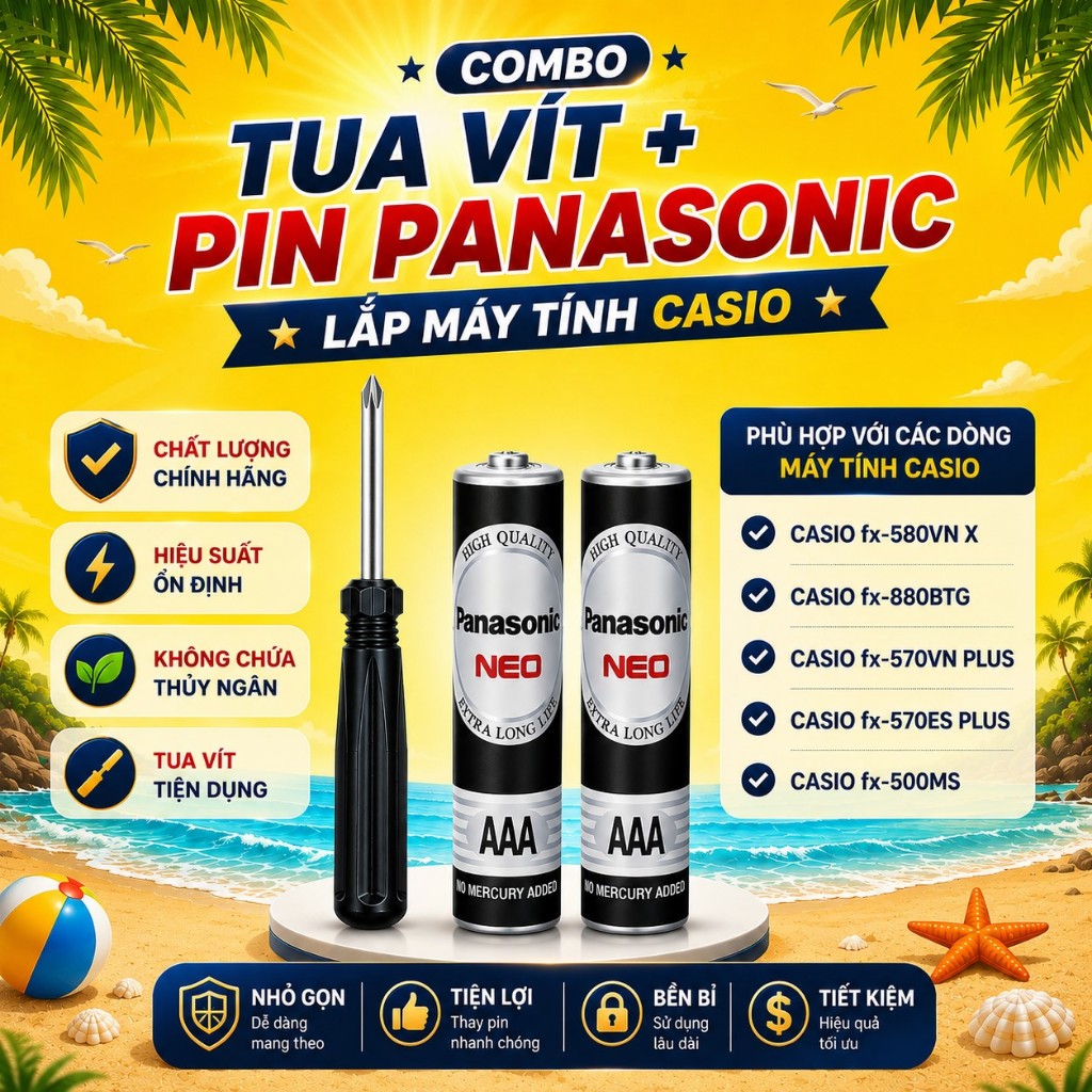 Combo Pin Panasonic/Toshiba Và Tua Vít Thay Pin Máy Tính Casio fx-580VN X, fx-570VN Plus