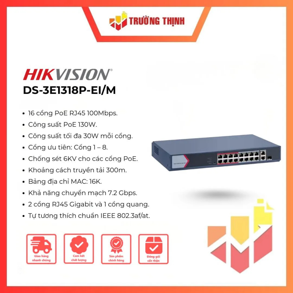Switch mạng thông minh 16 cổng PoE HIKVISION DS-3E1318P-EI/M |Công suất PoE lớn| Truyền xa 250m