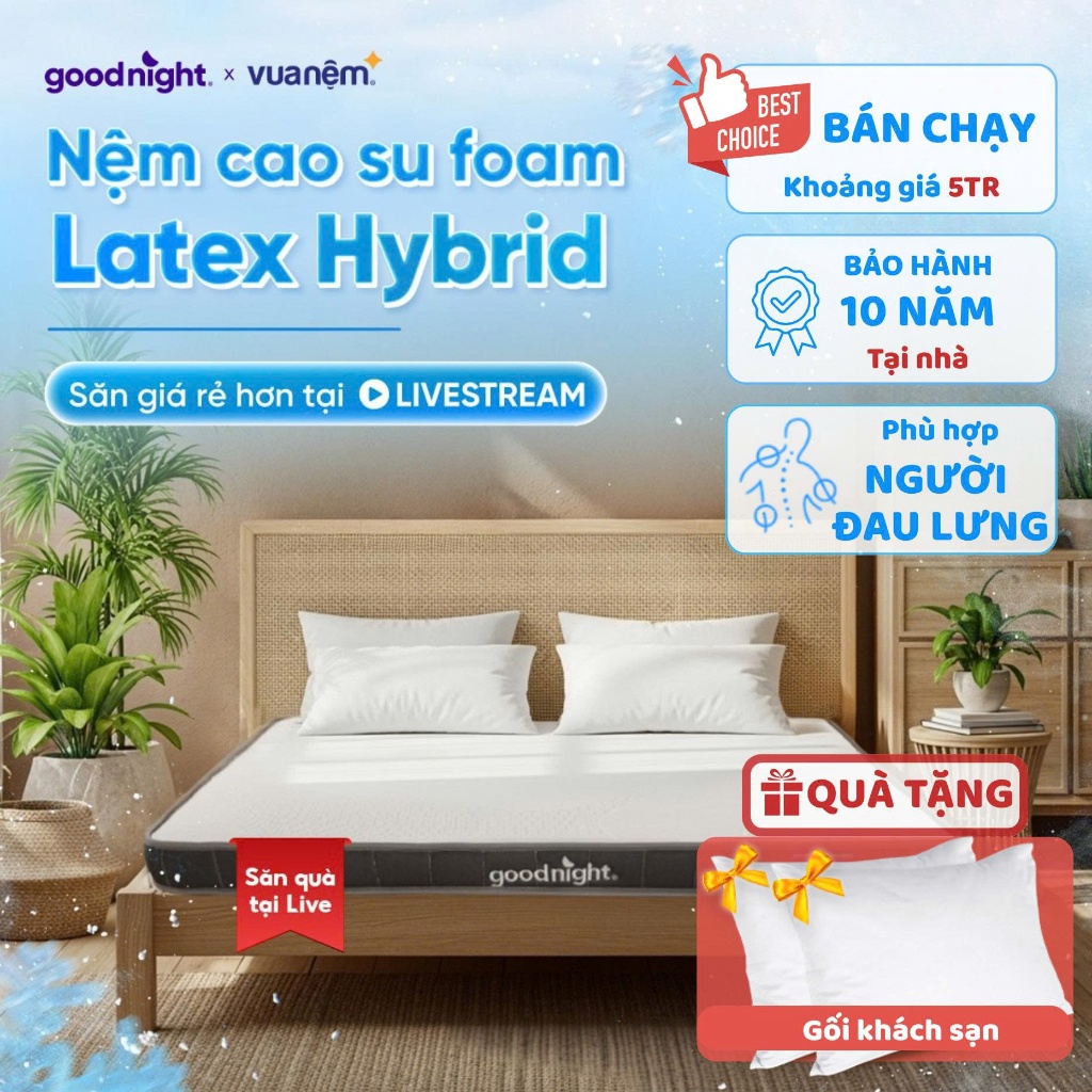 [SĂN GỐI TẠI LIVE] Nệm Cao Su Foam Vua Nệm Goodnight Latex Hybrid 10cm, Đệm Cao Su Thiên Nhiên, Nệm 